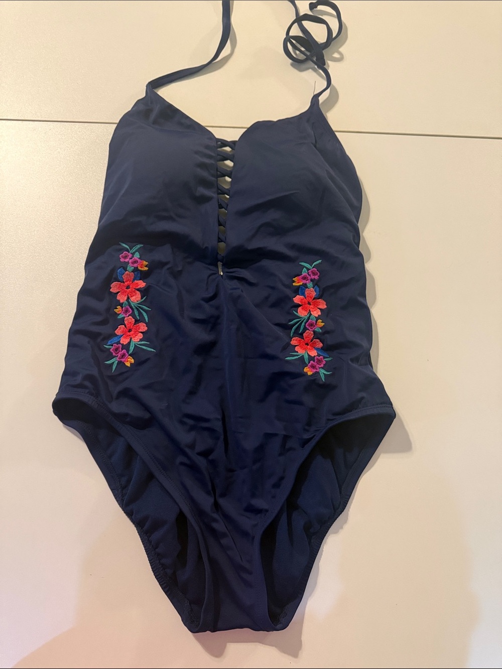 Navy One-Piece Swimsuit with Floral Embroidery